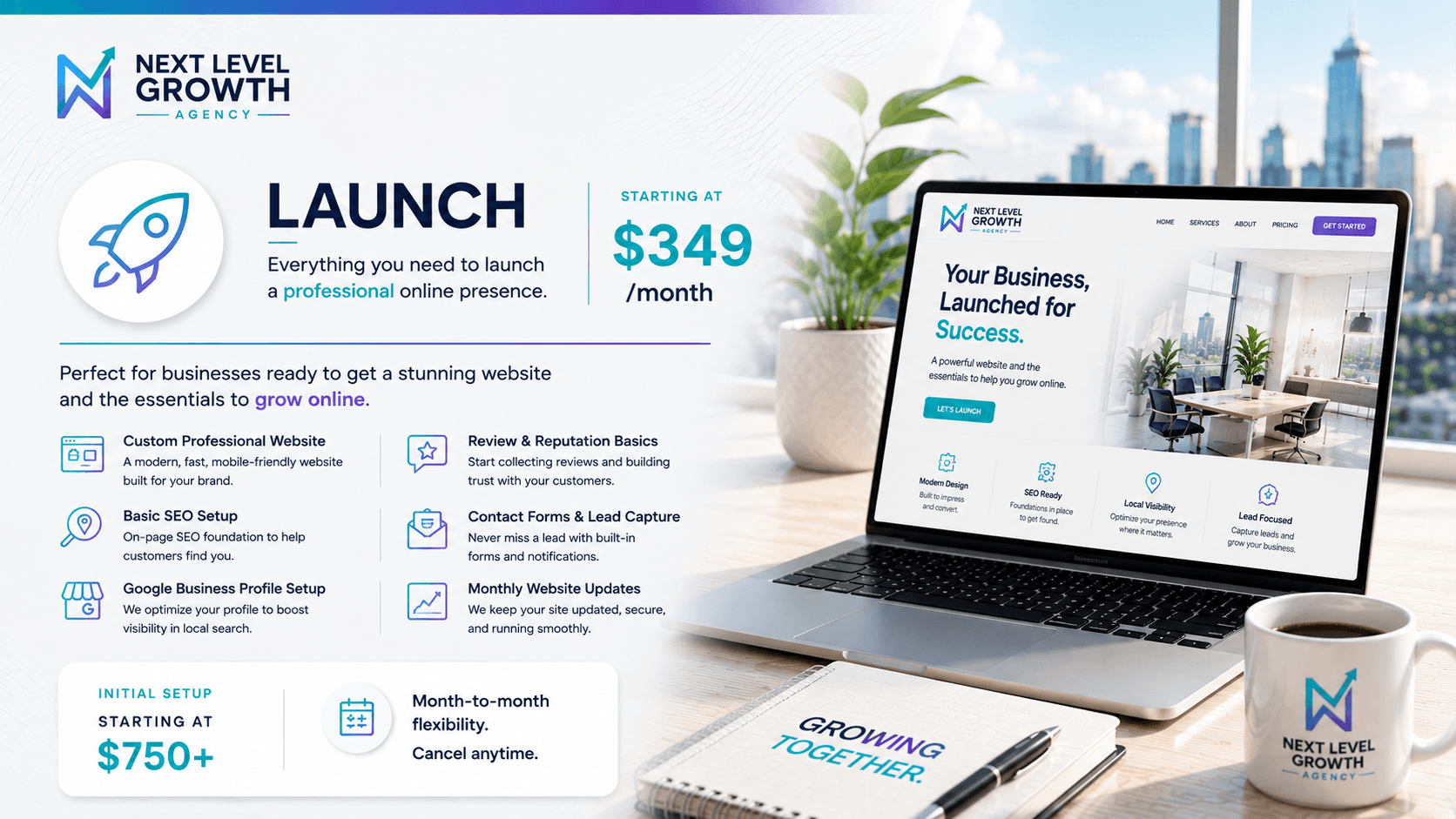Launch package overview showing a new professional website and lead capture setup