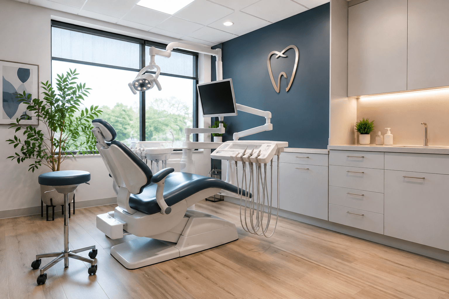 Clean, modern dental treatment room with chair and equipment