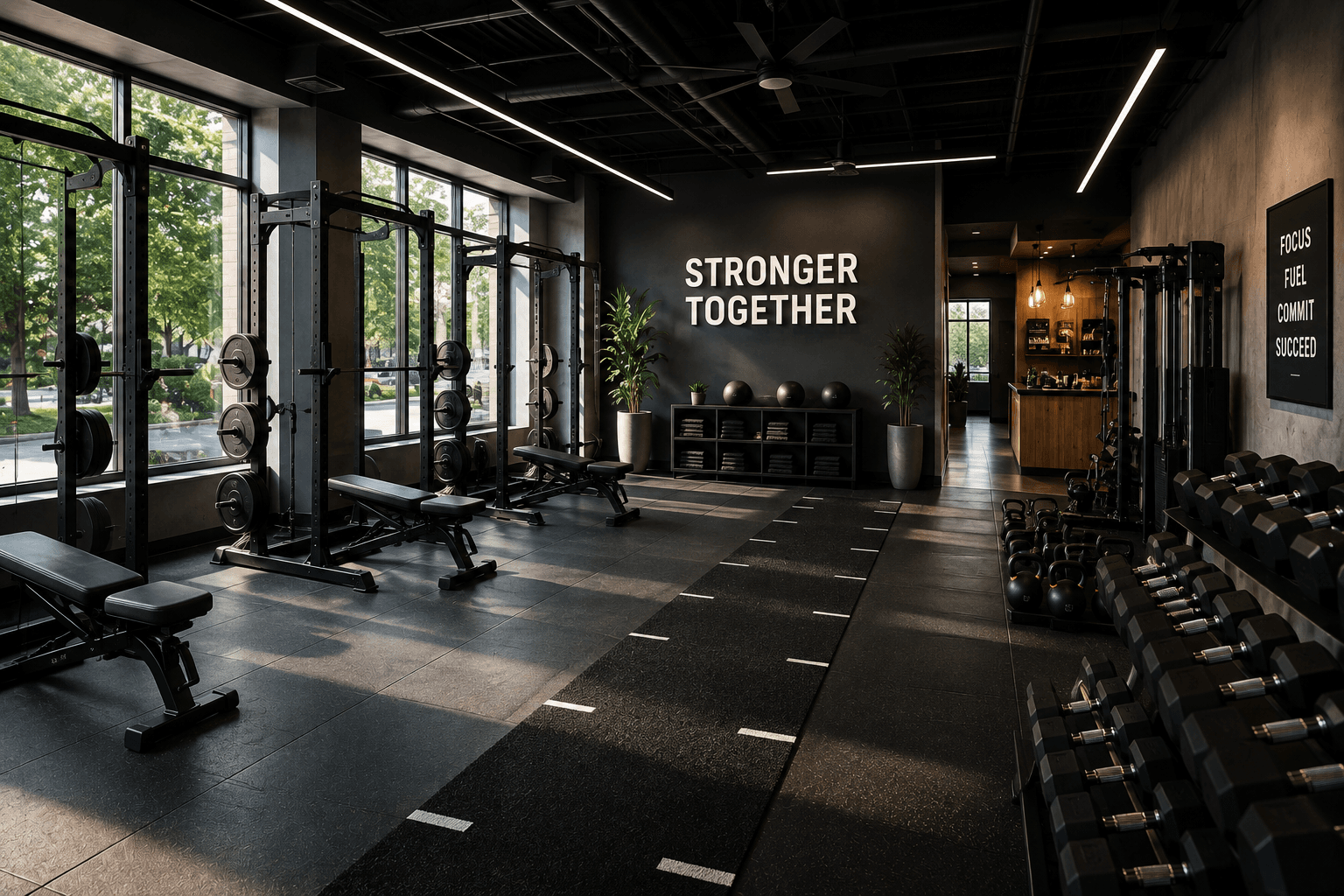 Modern strength-training studio with racks, benches, and free weights
