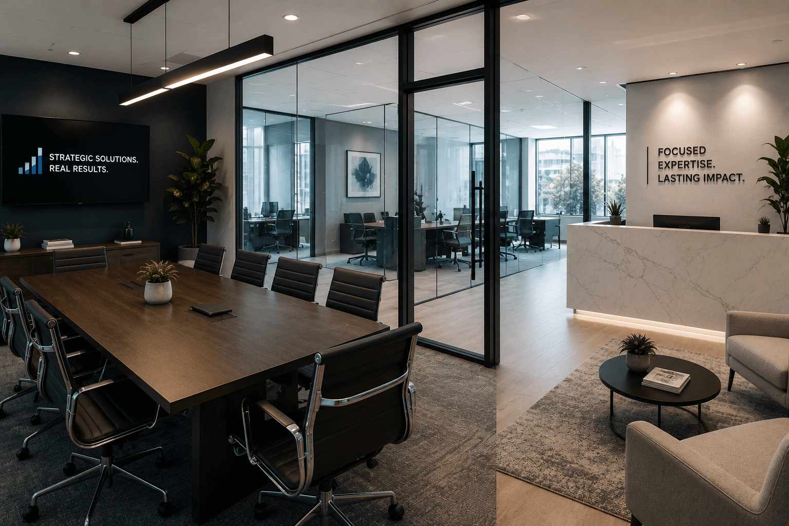 Modern office conference room and reception area with glass walls