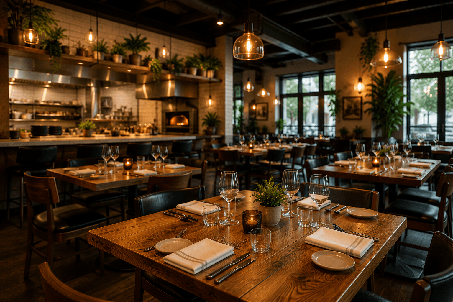 Warm, softly lit restaurant dining room set for service