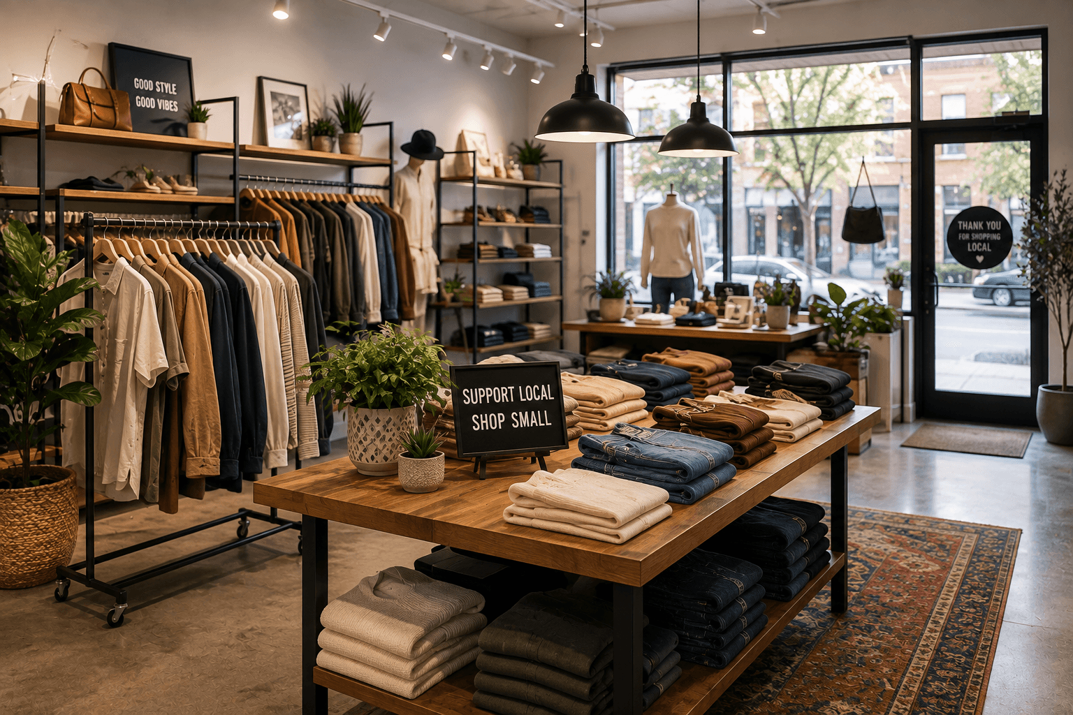 Boutique clothing shop with folded apparel displayed on a wooden table